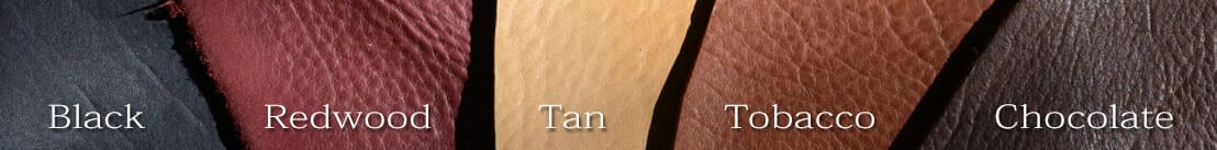 Five leather samples of different colors labeled: Black, Redwood, Tan, Tobacco, and Chocolate.